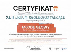Certyfikat udziału szkoły zw projekcie "Młode głowy"