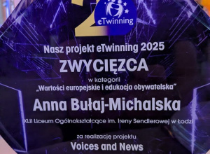 Statuetka: Nasz projekt e-Twinning, zwycięzca „Wartości europejskie i edukacja obywatelska” Anna Bułaj-Michalska, XLII Liceum Ogólnokształcące i. Ireny Sendlerowej.