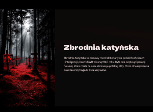 Zbrodnia katyńska. Czerwone krzyże w lesie na czarnym tle