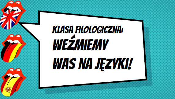 napis "weźmiemy Was na języki" obok 3 języki w kolorach flag- angielskiej, niemieckiej, hiszpańskiej