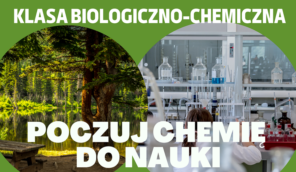 napis "poczuj chemię do nauki" w tle sala chemiczna