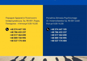 ulotka w języku polskim i ukraińskim o bezpłatnej pomocy psychologicznej dla obywateli Ukrainy z Poradni na Inowrocławskiej 5a w Łodzi