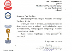 pismo powołanie Pani Dyrektor Lucyny Górnej do Akademii Twórczego Dyrektora Szkoły.