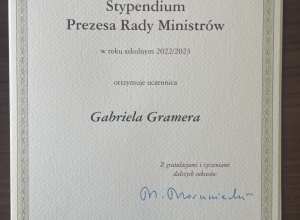 Dyplom Stypendium Prezesa Rady Ministrów dla Gabrieli Gramera