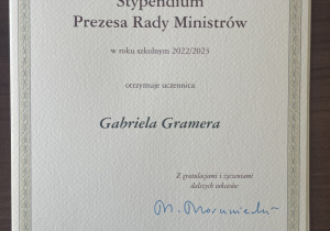 Dyplom Stypendium Prezesa Rady Ministrów dla Gabrieli Gramera