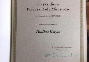 dyplom stypendium Prezesa Rady Ministrów