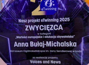 Statuetka: Nasz projekt e-Twinning, zwycięzca „Wartości europejskie i edukacja obywatelska” Anna Bułaj-Michalska, XLII Liceum Ogólnokształcące i. Ireny Sendlerowej.