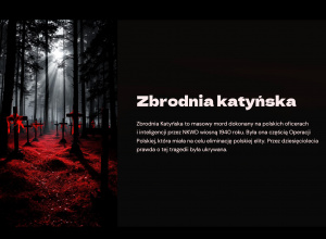 Zbrodnia katyńska. Czerwone krzyże w lesie na czarnym tle