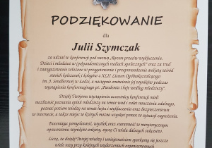 podziękowanie dla Julii Szymczak od Komendanta Miejskiego Policji