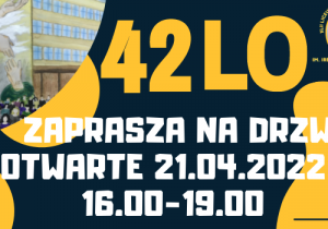 Grafika szkoły oraz logo z treścią zaproszenia na drzwi otwarte w dniu 21 kwietnia w godz. 16-19.