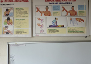 Plansze dydaktyczne na ścianie w sali 204b o tamowaniu krwawienia.